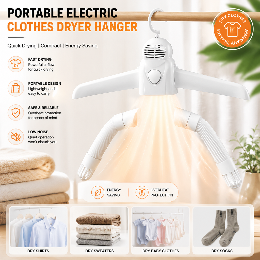 Portable Electric Clothes Dryer Hanger – Foldable Travel Garment Drying Rack with Fast Air Dry Technology