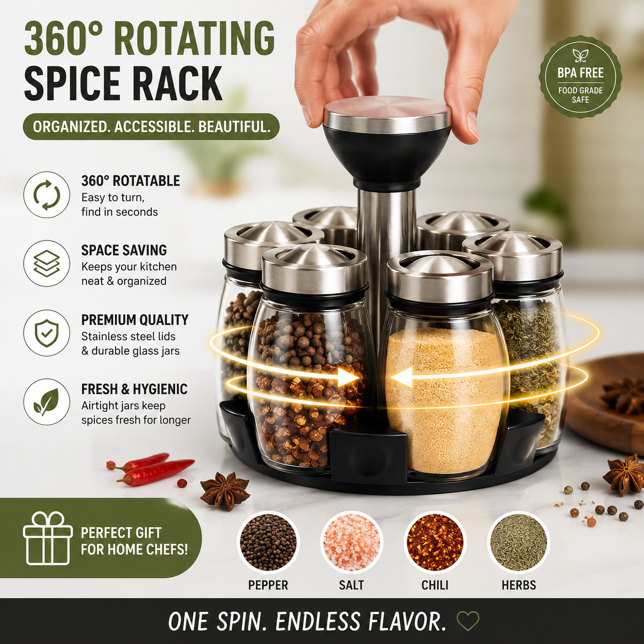 360° Rotating Spice Rack with 6 Glass Jars – Premium Kitchen Seasoning Organizer | Stainless Steel Spice Storage