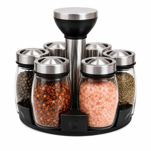 360° Rotating Spice Rack with 6 Glass Jars – Premium Kitchen Seasoning Organizer | Stainless Steel Spice Storage