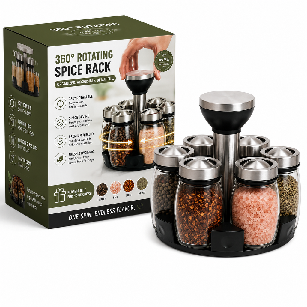 360° Rotating Spice Rack with 6 Glass Jars – Premium Kitchen Seasoning Organizer | Stainless Steel Spice Storage