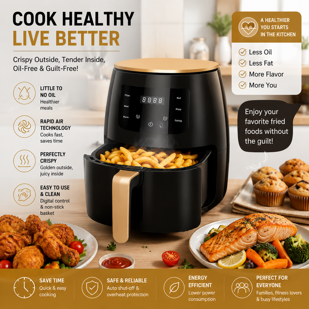 Digital Air Fryer 8L XL – Oil-Free Air Fryer with Touch Screen, Rapid Hot Air Technology, Non-Stick Basket for Fries, Chicken, Pizza & More