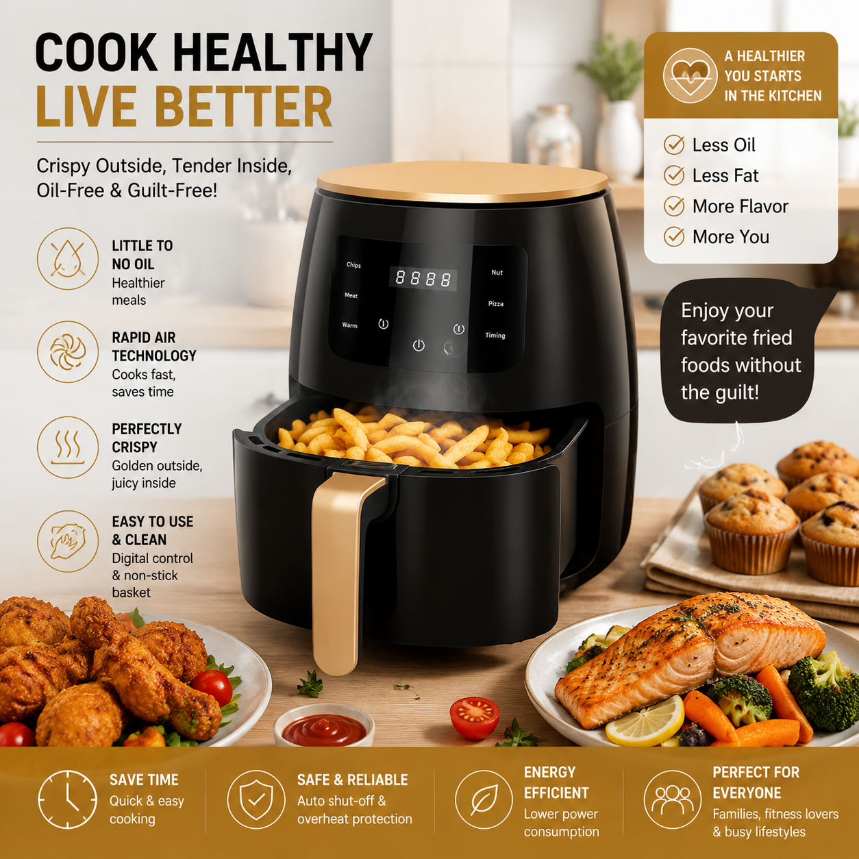 Digital Air Fryer 8L XL – Oil-Free Air Fryer with Touch Screen, Rapid Hot Air Technology, Non-Stick Basket for Fries, Chicken, Pizza & More