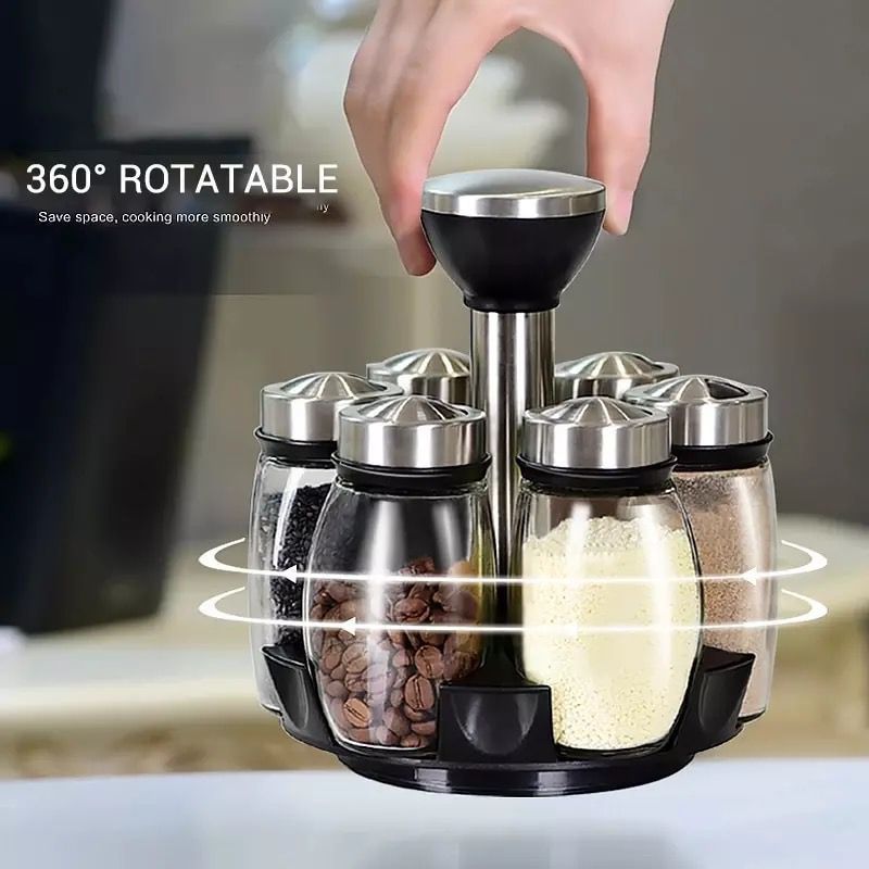 360° Rotating Spice Rack with 6 Glass Jars – Premium Kitchen Seasoning Organizer | Stainless Steel Spice Storage